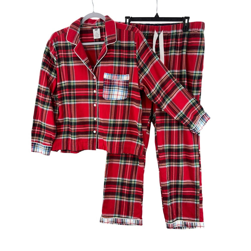 Lands End Pajama Set Womens XL Red Plaid Flannel Button Front Cotton 2 Piece